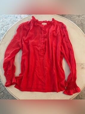 Stitch & Co. Red Tencel and Linen Ruffled Smocked Top Shirt Sz 1X